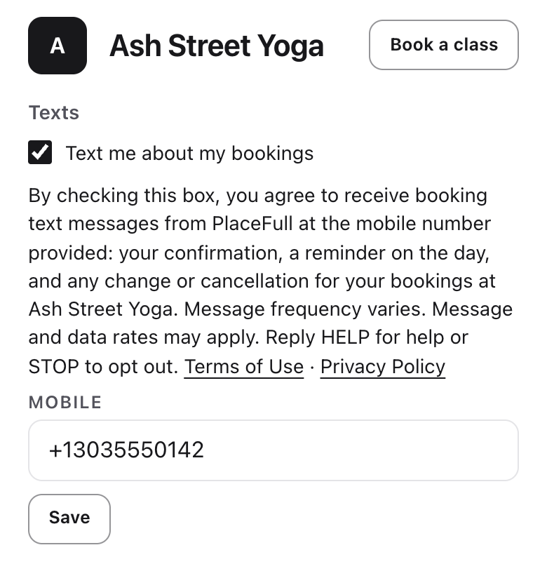 The account page's Texts section: a ticked "Text me about my bookings" box, the disclosure, and a Mobile field with a Save button.