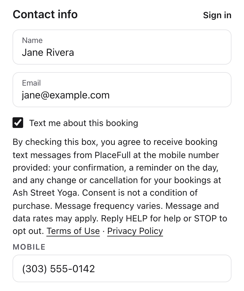 The same checkout form with the SMS box ticked, revealing a required Mobile field filled with a sample phone number.
