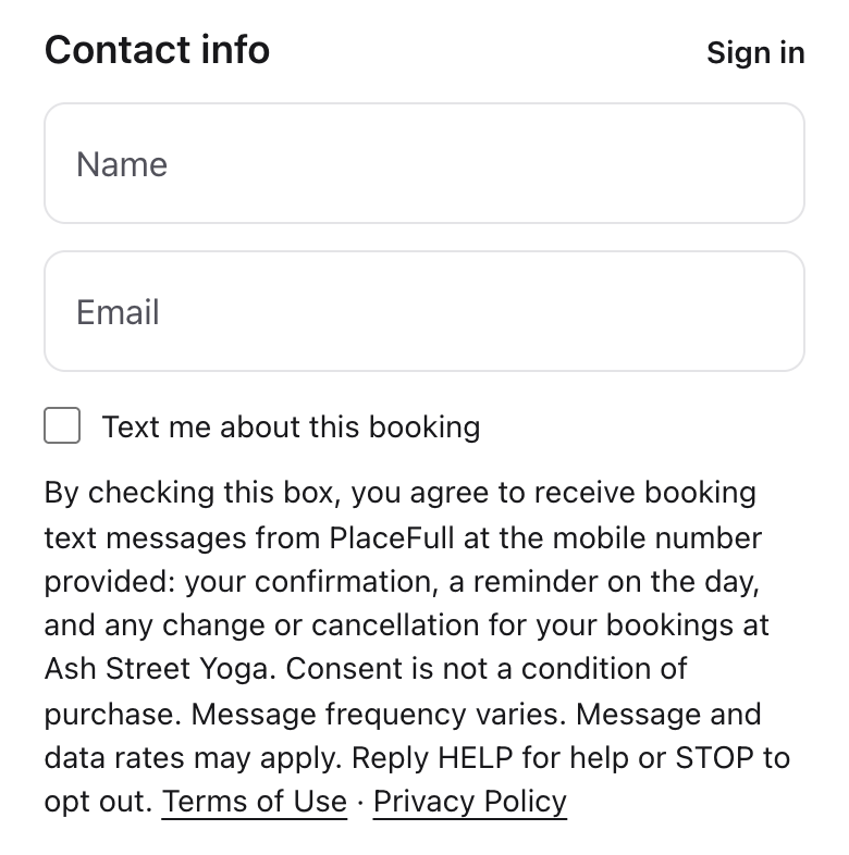 A booking checkout form with an unchecked "Text me reminders" box just above Book, its disclosure clamped to two lines with More.